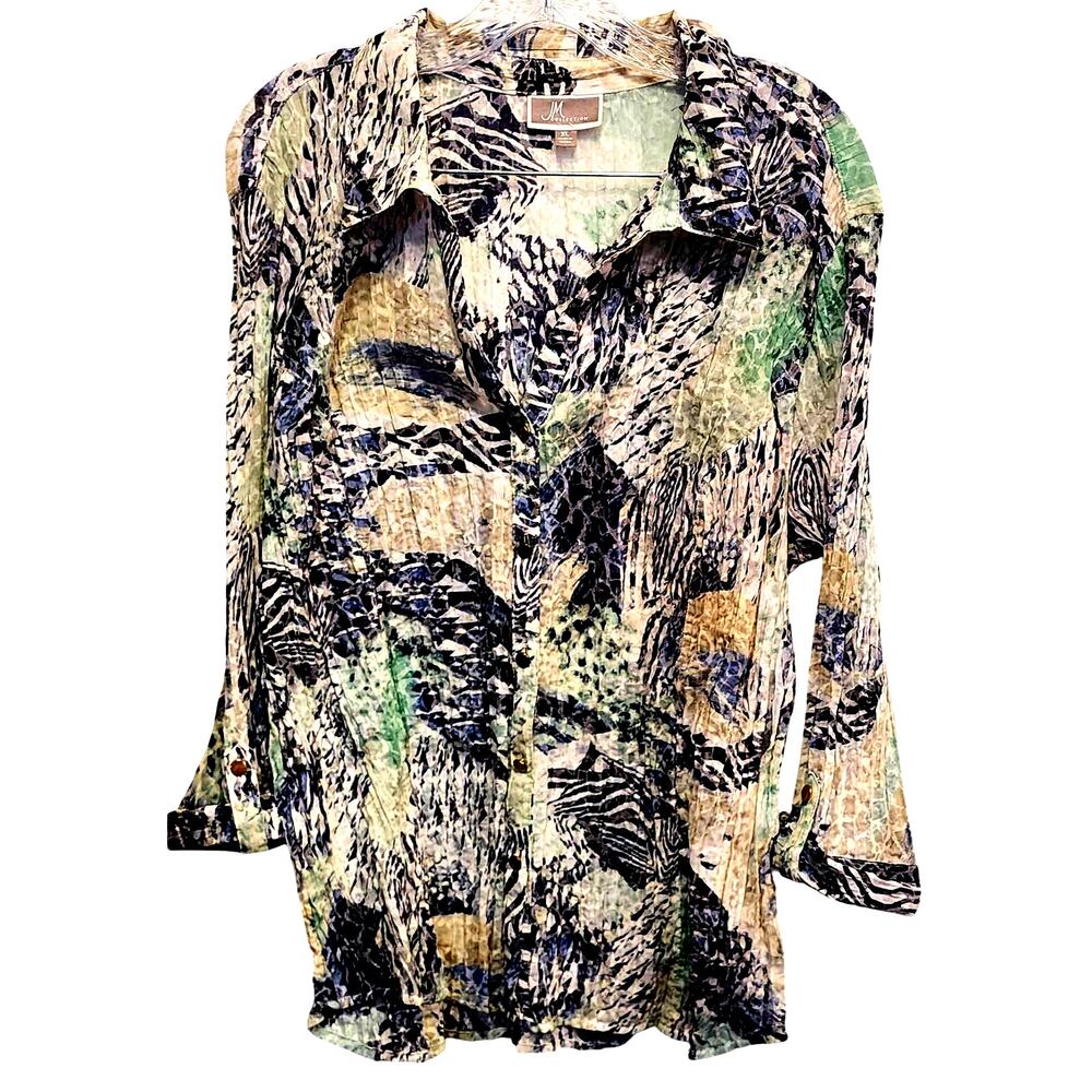 JM Collection Light Weight Crinkle Animal Print Rolled Tab Sleeves Size XL